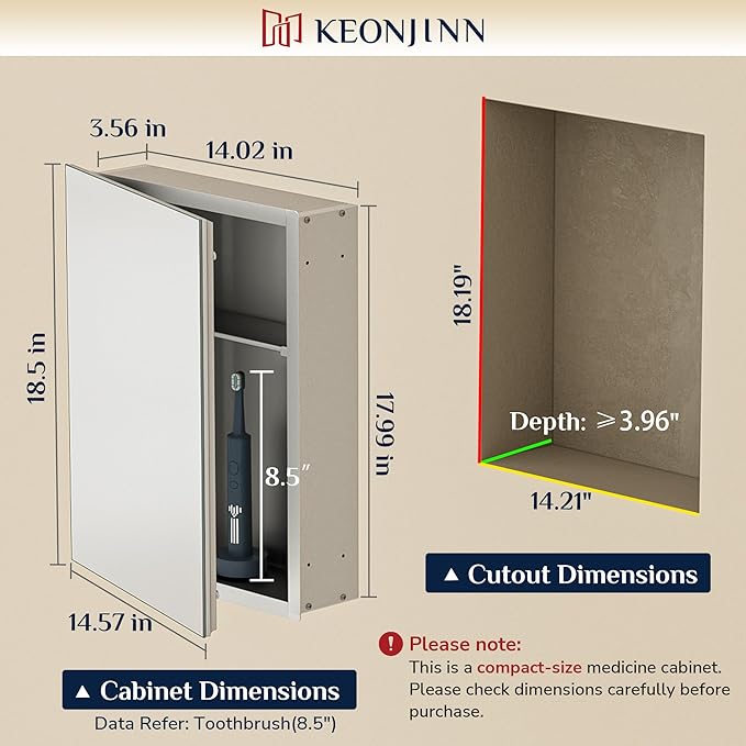 Keonjinn Medicine Cabinet 14 x 18 in, Bathroom Medicine Cabinets Mirror, Small-Sized, Lightweight, One Shelve Only, Surface Mount or Recessed, Tempered Glass, Assembly Required