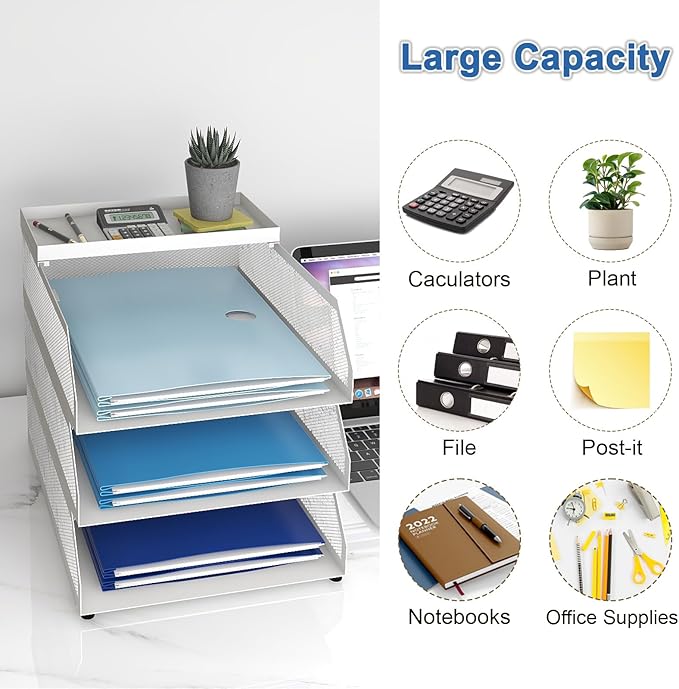 Natwind 3-Tier Stackable Paper Tray, Metal Mesh Desktop Organizer, Paper Sorter, Letter Trays,File Document Storage Rack for for Home, Office, School (White)