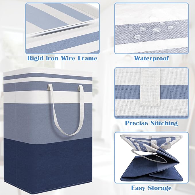 BlissTotes 3-Pack Laundry Basket, Freestanding＆Waterproof Laundry Hamper, Collapsible Tall Clothes Hamper with Easy Carry Handles for Clothes, Towels in the Family and Dorm,Gradient Blue,75L