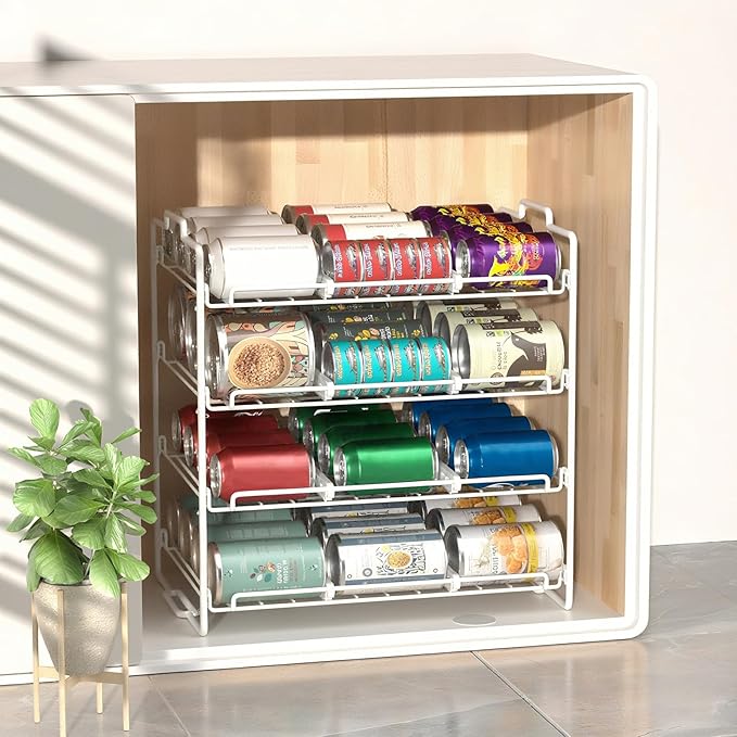 4 Tiers Stackable Can Rack Organizer, Wear-resistant Upgrade Beverage Food Can Dispenser Holder Holds up to 48 Cans for Kitchen Cabinet and Pantry (White)