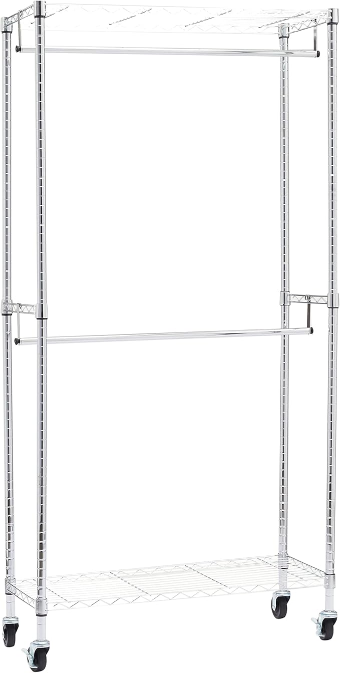 Amazon Basics Adjustable Clothes Rack for Handing, Double Hanging Rod Garment Rolling Closet Clothing Organizer, Chrome, 36'' x 14'' x 72''