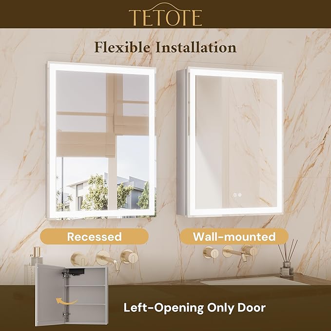 TETOTE 16 x 24 Lighted Bathroom Medicine Cabinet with Adjustable Shelves, Silver Aluminum Cabinet, Anti-Fog Stepless Dimmable 3 Colors White/Warm/Natural, Easy to Install(Wall Mount/Recessed)