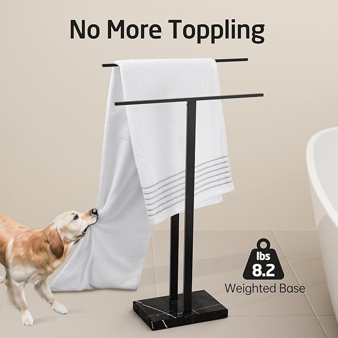 KES Standing Towel Rack with Black Natural Marble Base, 2-Tier Towel Rack Stand for Bathroom Floor, Bath Towel Holder Fits Bath Towel & Hand Towel,18/8 Stainless Steel, BTH217-BBK