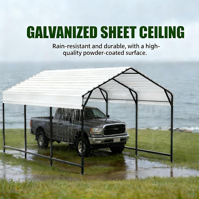 Metal Carport 20x20 ft Heavy Duty Car Port Outdoor Canopy Steel Roof with Reinforced Frame All-Weather Multi-Use Garage Shelter for SUVs, Boat, Tractors and Fulll-Sized Pickup Trucks