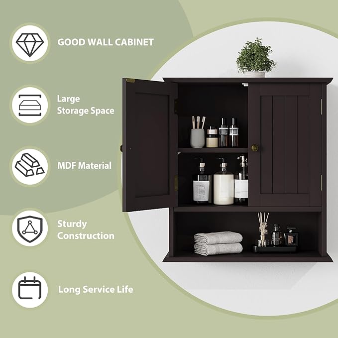 Smuxee Brown Bathroom Cabinet Wall Mounted, Small Medicine Cabinet with 2 Door Adjustable Shelves, Wall Cabinet Over Toilet for Laundry Room Kitchen