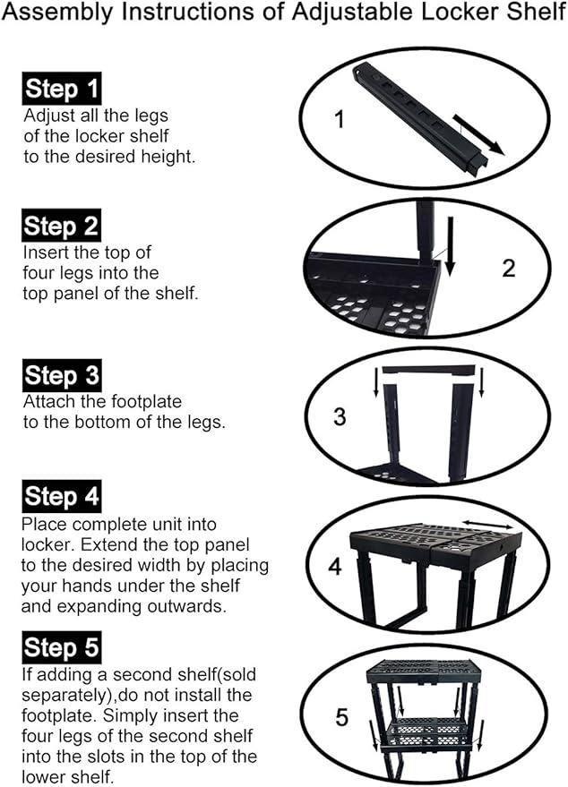Locker Organizer Shelf， Adjustable Width and Height, Ideal Locker for School, Office, and Gym Lockers (Black)