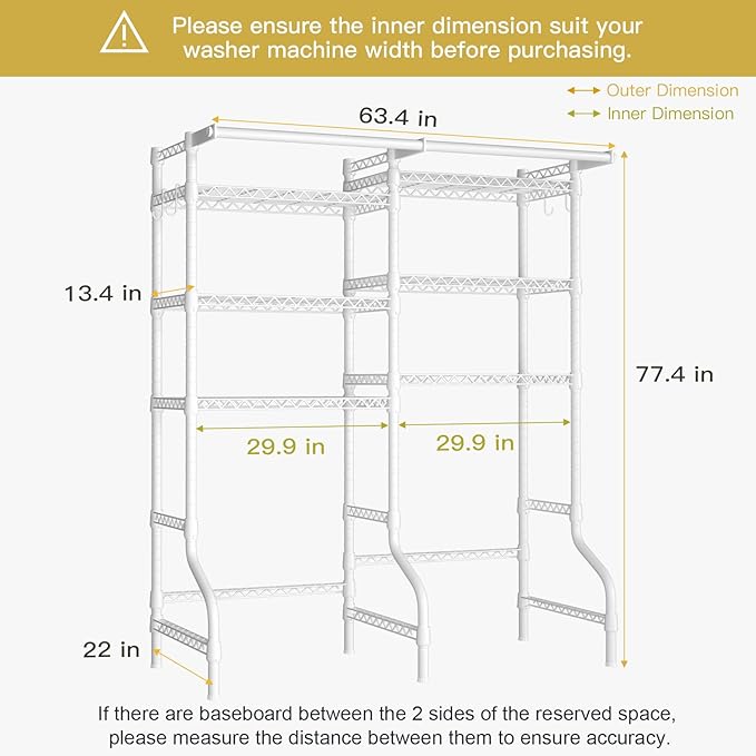 Ulif U13 Over Washer and Dryer Storage Shelves, 6 Tiers Laundry Room Standing Shelf with 2 Hanger Rods, Space Saver Clothes Drying Rack, 63.4" W x 22" D x 77.4" H, White