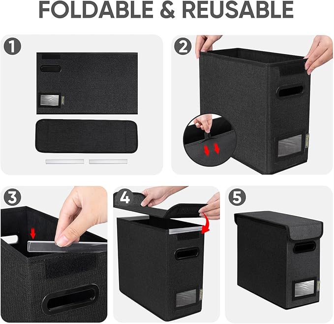 BALEINE File Organizer Box with Lid, Collapsible File Folder Organizer with Plastic Slide, Hanging File Folder Box for Office Document Storage (2 Pack, Black, S)