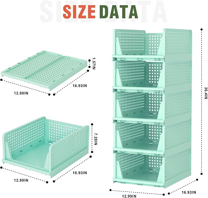 Stackable Plastic Storage Drawers for Closet Organizers and Storage, Open Storage Bins Closet Shelf Clothes Organizer for Closet Wardrobe (5, Green)