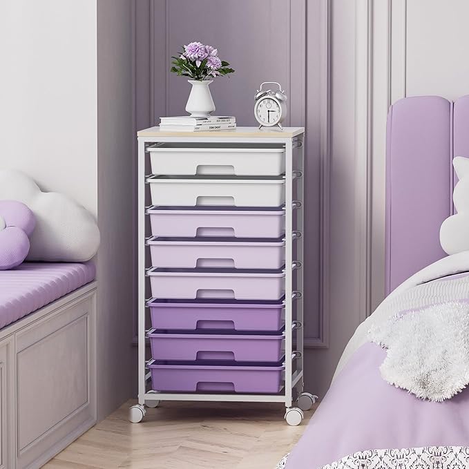 Rolling Cart with Drawers,Utility Cart With 8 Drawers and Wooden Tabletop for Living Room,Classroom,Bedroom,Bathroom,Dorm,Office,Purple