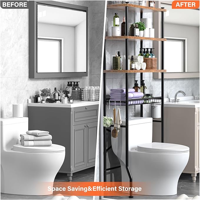 Over-The-Toilet Storage Shelves, 4-Tier Bathroom Organizer Shelf Over Toilet with Adjustable Feet Pad and Basket, Freestanding Space Saver Bathroom Storage Rack Above Toilet (Vintage Brown)