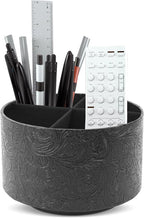 lizimandu Round Leather Art Supply Organizer,Remote Control Holder,360 Degree Spinning,Multi-Functional Pencil Holder,4 Compartments Desktop Stationary Organizer(1-Black2)