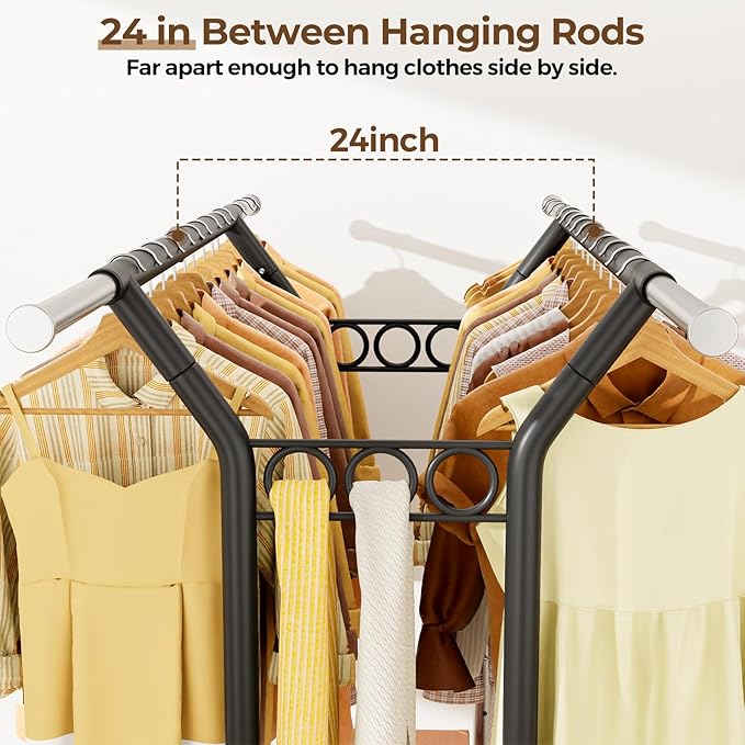 Heavy Duty Clothes Rack, Rolling Clothing Rack With Shelves Load 620 LBS, Double Rod Clothing Racks for Hanging Clothes, Portable& Adjustable Clothes Rack with Wheels,Black