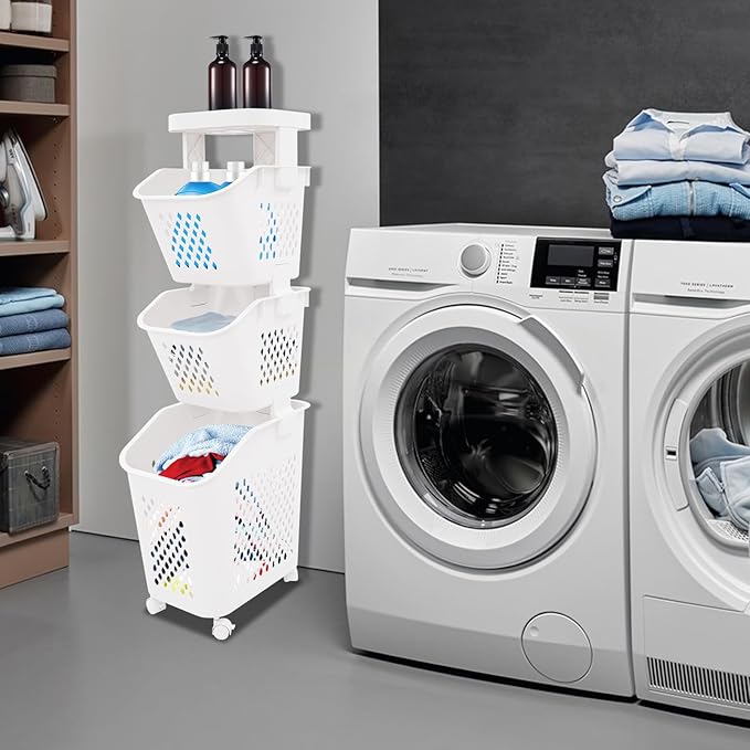 Tiered Laundry Storage Organizer Tiered Laundry Hamper Sorter Bathroom Laundry Basket with Wheels Removable Plastic Storage Basket for Kitchen (3-Tier)