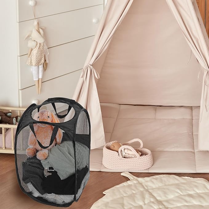 6Pcs Pop up Hampers for Laundry Foldable Mesh Laundry Hamper Baskets with Sturdy Handles Pop up Hamper Dirty Clothes Baskets for Bedroom College Dorm Travel Storage (Black/White/Blue)