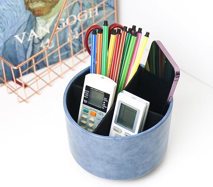 Hennaja Round Leather Art Supply Organizer,Remote Control Holder,360 Degree Spinning,Multi-Functional Pencil Holder,4 Compartments Desktop Stationary Organizer(1-Oil Blue)
