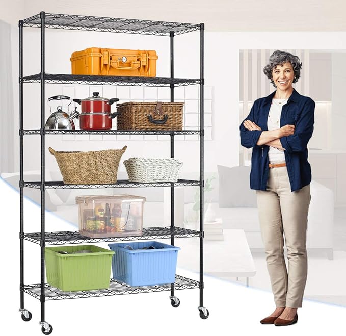 PayLessHere | 6-Tier Wire Shelf with Wheels | 48"x18"x82" | Black | Adjustable Racks | Heavy-Duty Storage Shelves, Holds Upto 510 lbs | Rust-Resistant, No-Tool Assembly | for Home, Garage Shelving