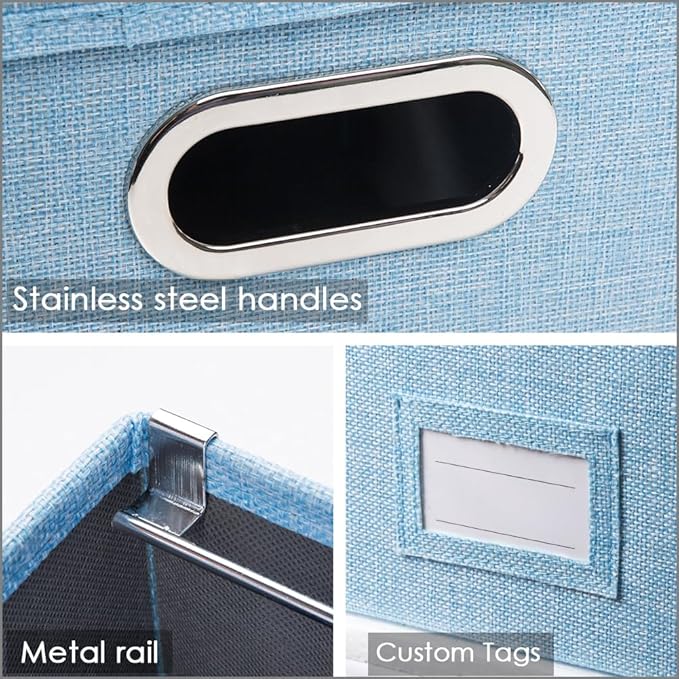 PRANDOM File Organizer Box - Set of 2 Collapsible Decorative Linen Filing Storage Hanging File Folders with Lids Office Cabinet Letter/Legal Size Blue (17x14x11.2 inch)