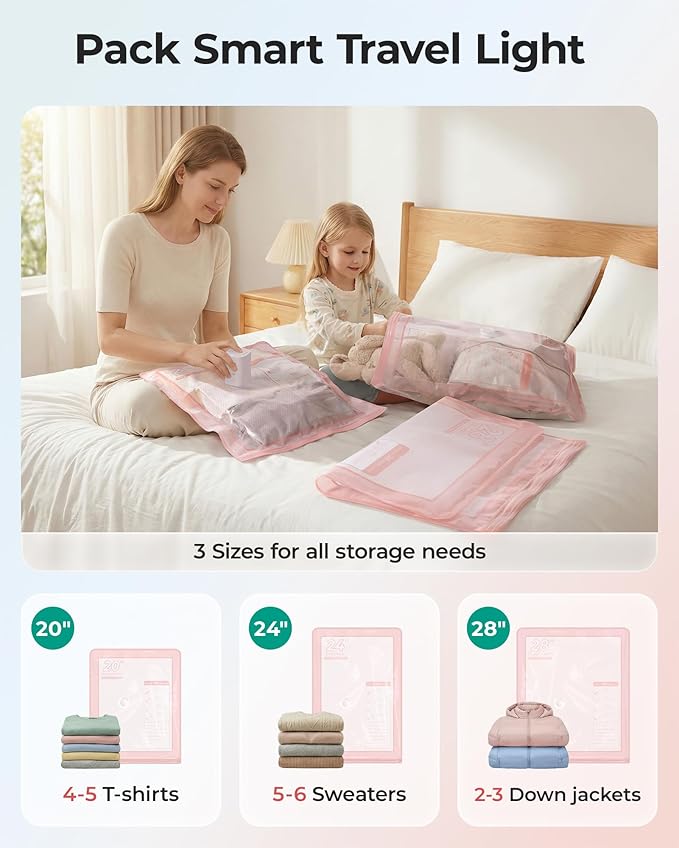 BAGSMART Vacuum Storage Bags with Portable Pump, Travel Space Saver Bags for Clothes, Heavy Duty Compression Bags for Storage, Vacuum Seal Bags with Hand Pump, Travel Essentials for Packing-Khaki