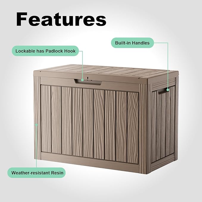 45 GallonOutdoor Storage Box,Resin Deck Boxes Waterproof, IndoorOutdoor Bin for Package Delivery, Patio Cushions, Gardening Tools, Lockable, UV Resistant