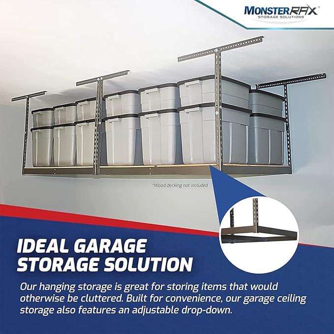 MonsterRax 4x8 Overhead Garage Storage Rack Frame Kit - Hanging Storage Shelves, Ceiling Storage Rack System, Overhead Garage Organizers And Storage, Ceiling Shelving - (Hammertone, 12"-21")