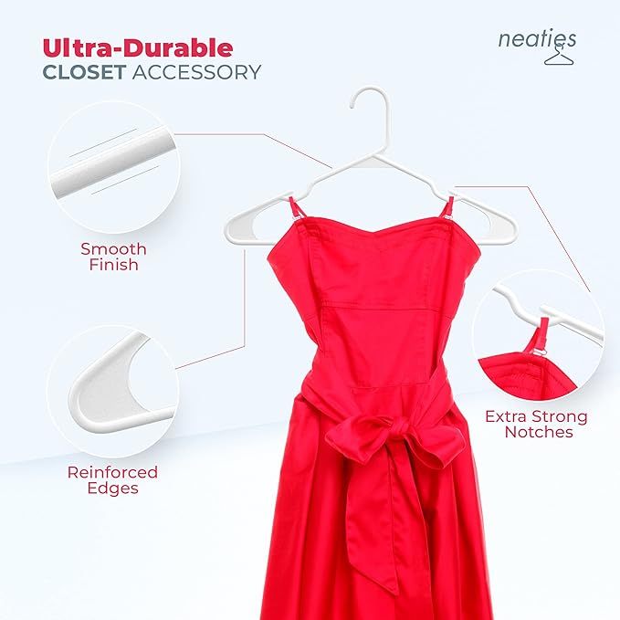 Neaties Plastic Hangers 45 Pack – Made in The USA – 6lb Capacity Standard Clothes Hangers with Notches and Reinforced Edges for Dresses, Lingerie, Shirts, Pants, and Jackets – Gray