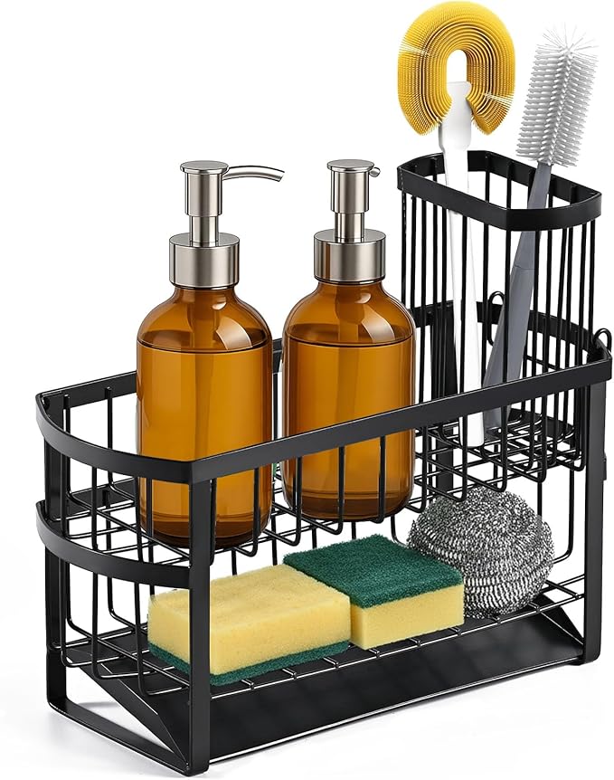 Kitchen Sink Organizer Caddy, 2 Tier Sink Caddy Organizer with High Brush Holder, Rust-Proof Countertop Rack (Black 10.6 * 4.3 * 5.7") for Kitchen Accessories & Dish Brushes