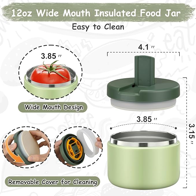 12oz Insulated Vacuum Food Jar with Buckle Lid Wide Mouth Soup Thermo for Hot Food Kids Leakproof Stainless Steel Lunch Container- Green- 1Pack