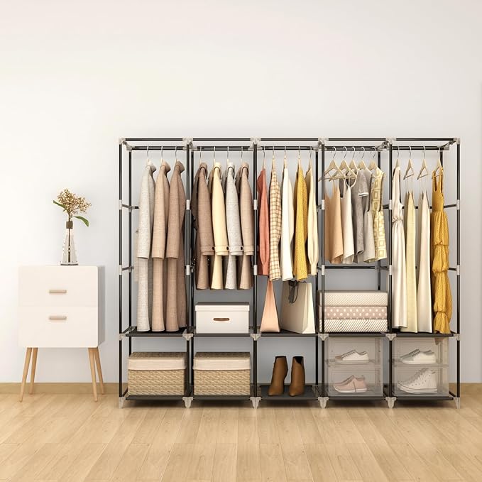 83 Inch Wide Portable Closet Wardrobe, Clothes Storage Rack Organizer with Cover, 5 Clothes Hanging Rods and 10 Storage Shelves, Black