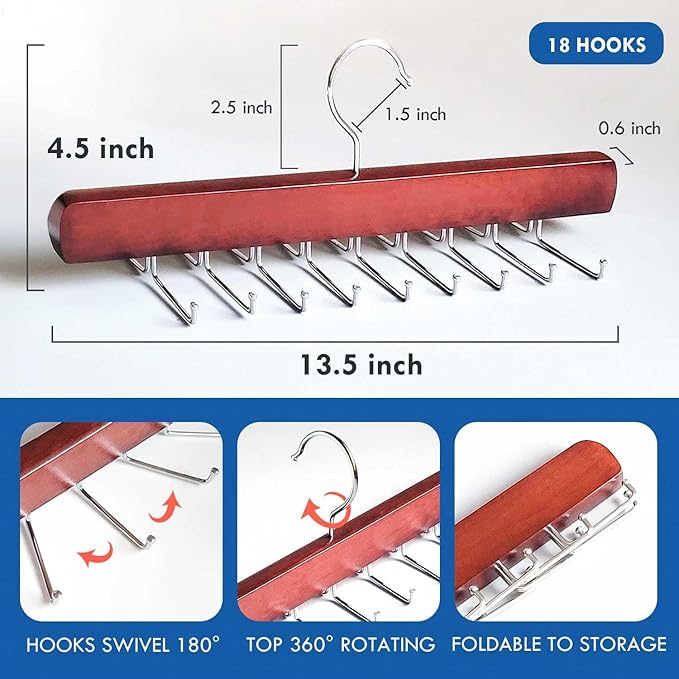2Pack Tie Rack Hanger for Closet, Sleek Tie Organizer for Men with 18 Upgraded Folding Hooks, Space-Saving Tie Holder, Tie and Belt Hanger for Closet (Mahogany)