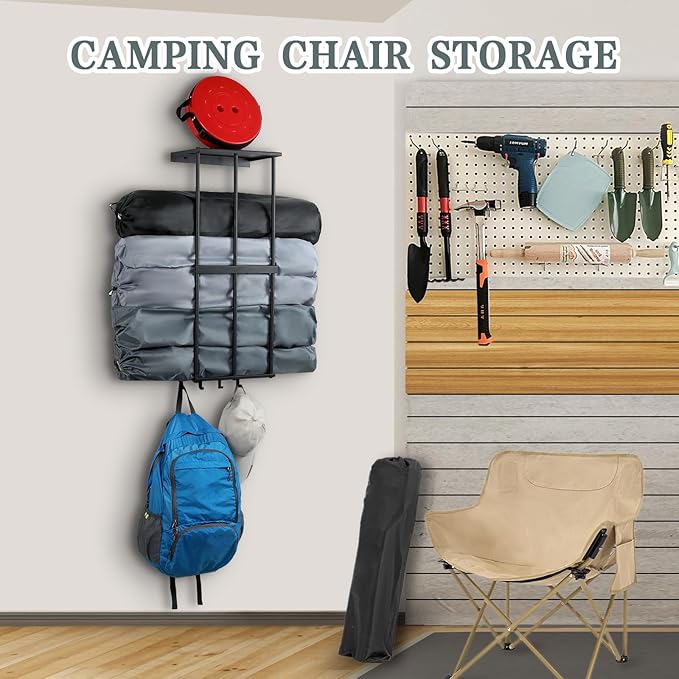 Camping Chair Rack for Garage Storage, Metal Camping Beach Chair Umbrella Holder Wall Mounted Rack Organizer Floating Shelf with 4 Hooks for Garage Organization