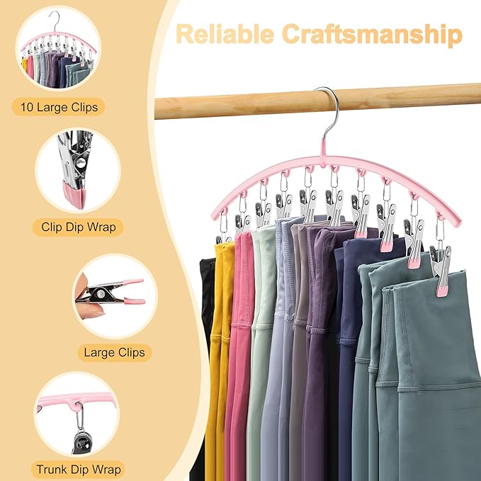 Legging Organizer for Closet, Metal Yoga Pants Hangers 2 Pack w/10 Clips Holds 20 Leggings, Space Saving Hanging Closet Organizer w/Rubber Coated Closet Organizers and Storage, Pink