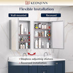 Keonjinn 40 x 26 Inch Medicine Cabinet, Assembly Required, Silver Bathroom Medicine Cabinets Mirror, Lightweight, Adjustable Shelves, Surface Mount or Recessed, Tempered Glass