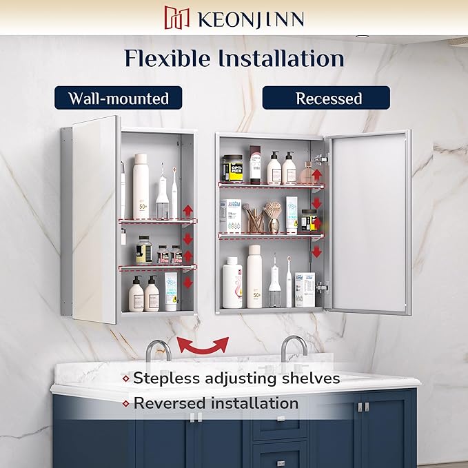 Keonjinn 30 x 26 Inch Bathroom Medicine Cabinet with Mirror, Assembly Required, Combined Double Doors Wall Cabinets, Flexiable Ample Storage, Recessed or Surface Mount, Soft Closing