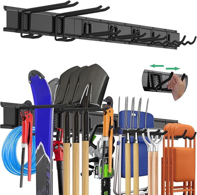 "48 Garage Tool Organizer Wall Mount - Heavy Duty 520lbs Metal Storage Rack, Easy Install Adjustable Hooks for Garden Tools Brooms