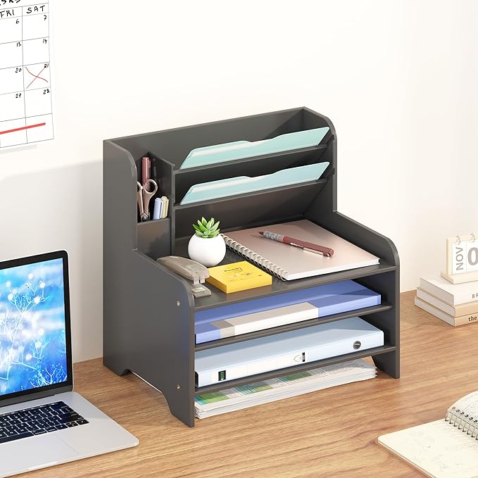 Bamboo Desk Organizer Mail Holder Countertop Letter Tray File Desktop Mail Holder Countertop Organizer for Desktop Letter Sorter Paper File Storage for School Home Office Supplies