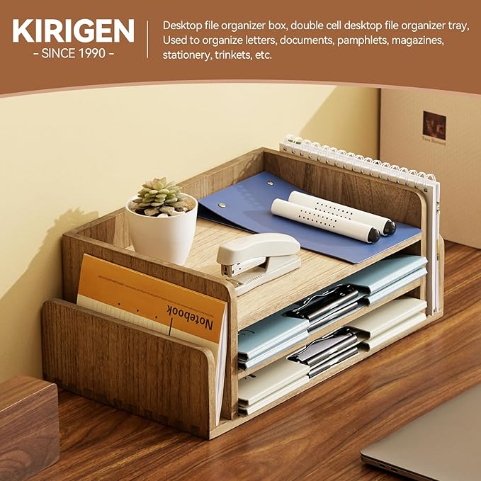 KIRIGEN Wood Desk Organizer 5 Trays - Desktop Document Letter Tray for Folders, Mail,File -Nature 3-Tier Office Mail Sorter Organizer Rack/Telephone Stand/Document Holder Dark Brown(2TP-DBR)