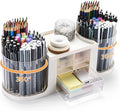 Rotating Desk Organizer with 2 Pen Holder, Desk Organizers and Accessories with 10 Slots Pencil Holder for Desk + 3 Drawer, Art Supply Storage Box Caddy for Office School Home (White)