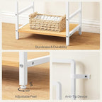 HOOBRO Free Standing Towel Rack, Blanket Rack with 3 Towel Bars, Storage Basket and Shelf, Towel Holder with Hook, Blanket Organizer, for Bathroom and Laundry, White and Natural WN13LB01
