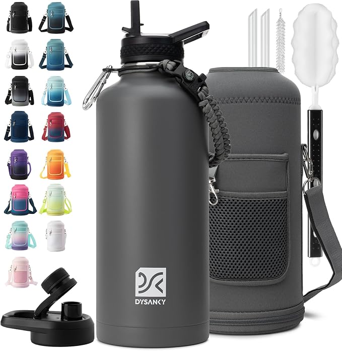 Insulated Water Bottle | Thickened Stainless Steel for Gym and Hiking with Straw, Carrier Bag, Handle Strap | BPA-Free 87 oz