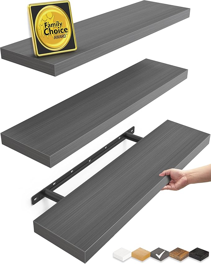 BAYKA Grey Floating Shelves for Wall, 22.5 inches Wall Mounted Rustic Wood Shelves for Bathroom, Bedroom, Living Room, Floating Shelves for Books/Storage/Decor (Set of 3)