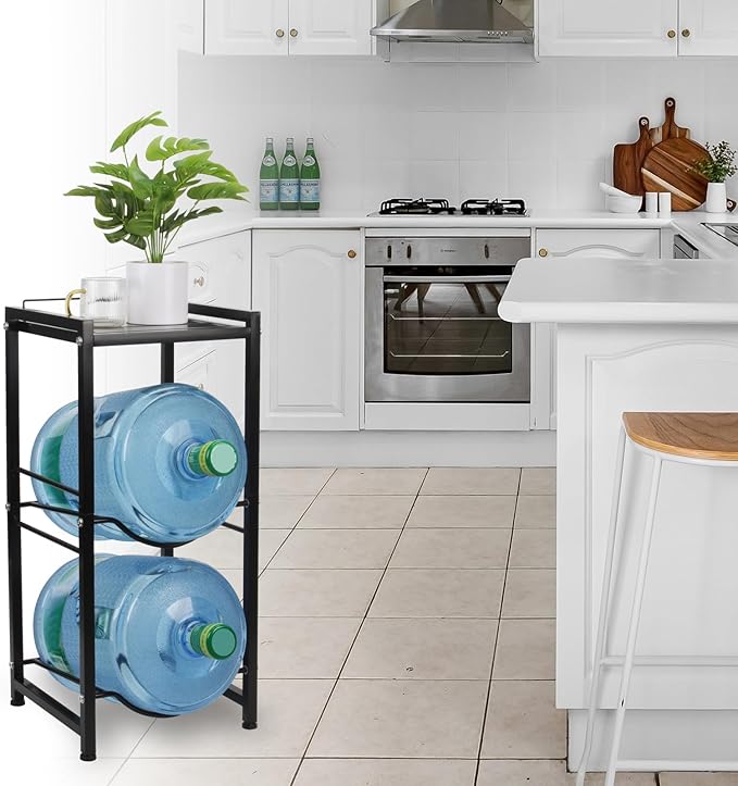 5 Gallon Water Jug Holder with Top Storage Shelve, 3 Tier Detachable Water Bottle Holder Water Cooler Jug Storage Rack, Heavy Duty Water Jug Stand Organizer for Kitchen Home Office, Black