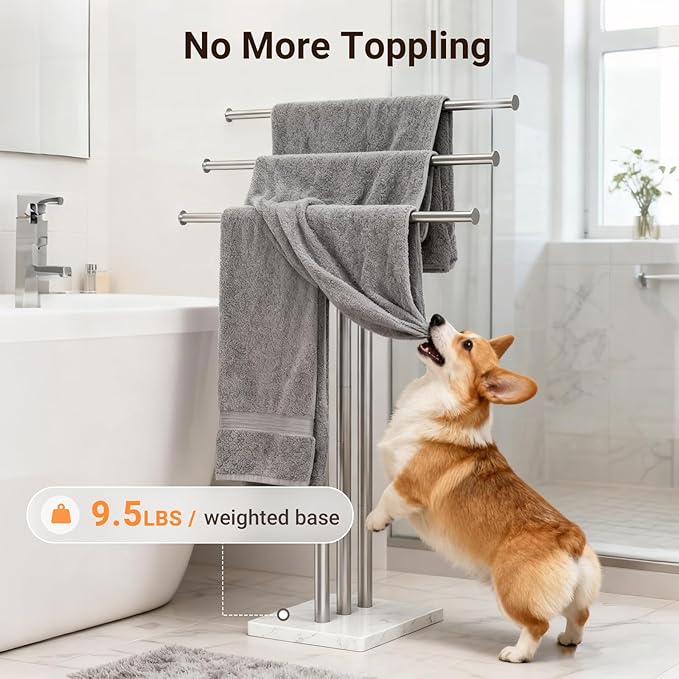 ELYKEN Standing Towel Racks for Bathroom, 3-Tier Floor Towel Holder Stand with Weighted Marble Base, Freestanding Bath Towel Rack, Width Adjustable & Stainless Steel Brushed Finish