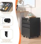 Filing Cabinets for Home Office, Mobile File Cabinet with Lock, 3 Drawer Filing Cabinet for A4/Letter/Legal Size Folder, Fully Assembled Except Casters, Matte Black