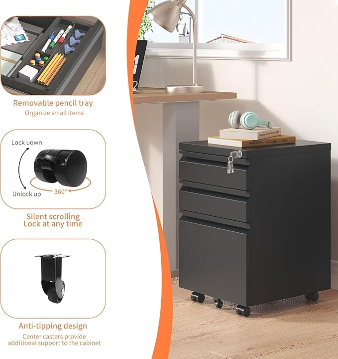 Filing Cabinets for Home Office, Mobile File Cabinet with Lock, 3 Drawer Filing Cabinet for A4/Letter/Legal Size Folder, Fully Assembled Except Casters, Matte Black