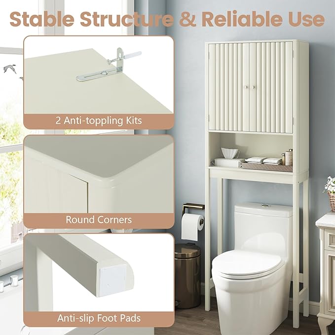 Tangkula Over The Toilet Storage Cabinet, Bathroom Space Saver with Fluted Doors Adjustable Shelf & Bottom Bar, Freestanding Above Toilet Storage Cabinet Organizer for Laundry, Restroom (Cream White)