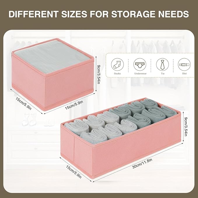 DIMJ Drawer Organizers - Set of 12 Fabric Closet Organizers and Storage, Drawer Dividers for Baby Clothes, Socks, Belt, Tie (Pink)