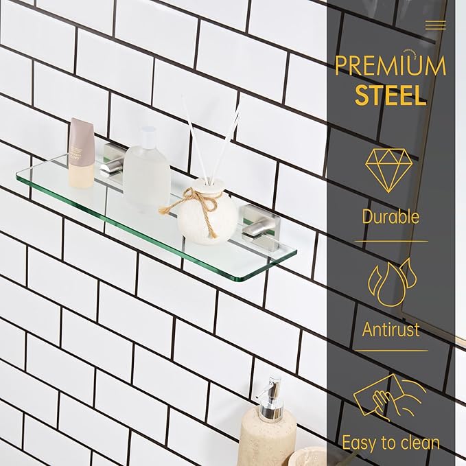 KOKOSIRI Glass Shelf for Bathrooms Floating Shelves Wall Mount 16-Inch for Shower Storage Kitchen Rack, 2 Pack Brushed Stainless Steel B1107BR-L16-P2