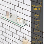 KOKOSIRI Glass Shelf for Bathrooms Floating Shelves Wall Mount 16-Inch for Shower Storage Kitchen Rack, 2 Pack Brushed Stainless Steel B1107BR-L16-P2