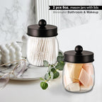 6 Pack Qtip Holder Bathroom Set, SheeChung Plastic Mason Jar Apothecary Jar Set for Bathroom Vanity Storage Organizer, Farmhouse/Home Decor, 12 Labels (Bronze)